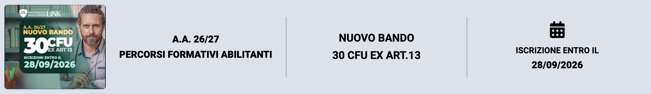 Banner del bando 30 CFU ex art. 13 di Link Campus University: percorsi formativi abilitanti, iscrizione entro il 28/09/2026